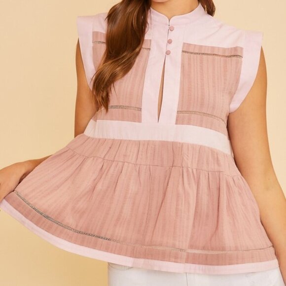 Dusty Pink Contrast Trim Peplum Button Detail Blouse - Picture 1 of 4